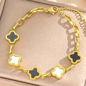 18KGOLD DIPPED BLACK & WHITE ENAMEL GOLD LINKS QUATREFOIL CLOVER BRACELET